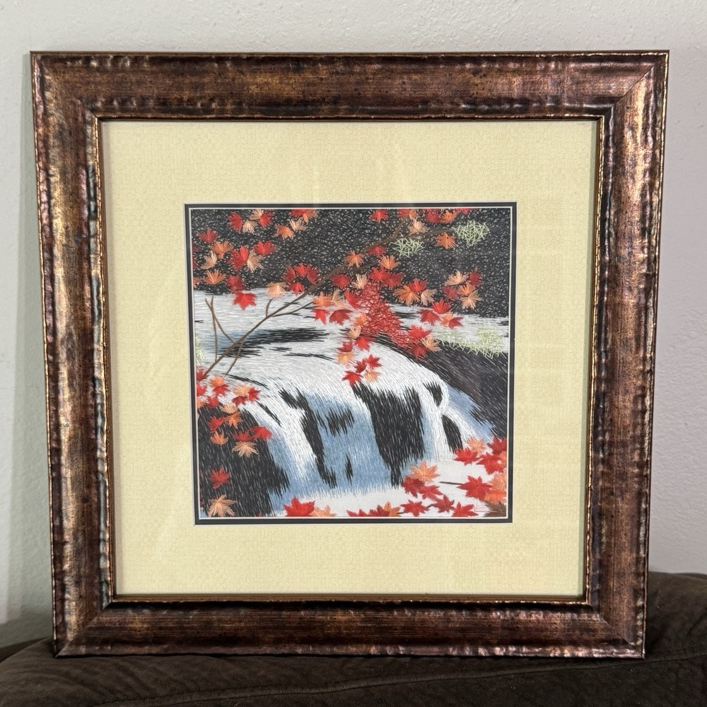 Chinese Suzhou Embroidery King Silk Art Maple Leaves Waterfall Framed 14.5x14.5"